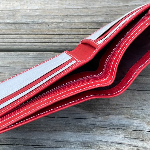 Genuine Leather Card Holder Handmade Wallet Men Bifold RedWhite Card Holder - Picture 6 of 14